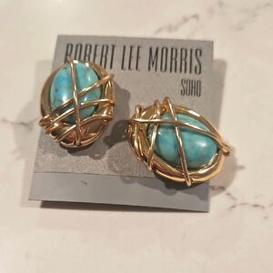 Robert Lee Morris Gold and Blue 1" CLIPON Earrings with Vintage Design